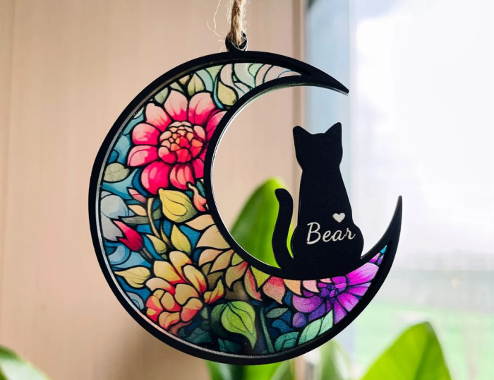 Personalised Cat On Moon Ornaments as Cat Memorial Gifts